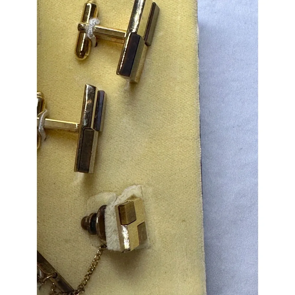 Anson Cufflinks Tie Tack Set Tigers Eye Gold Tone Brown Rectangle Boxed VTG